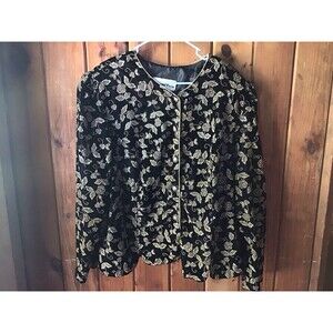 Another Thyme Black Velvet Jacket Size 4X Gold Floral Embroidery Lined Buttons